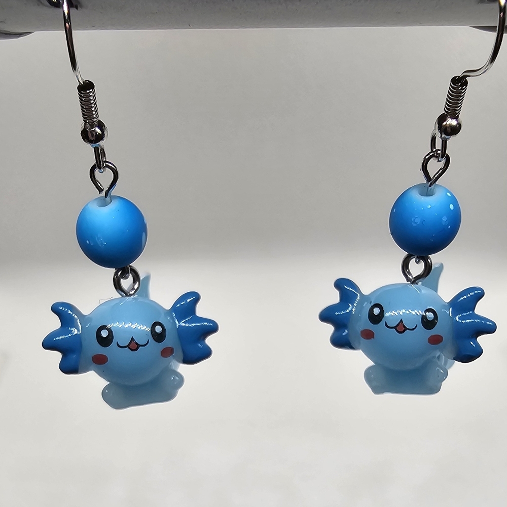Cute‎ Blue Axolotl Earrings - Handmade - Hypoallergenic (Dangle w/ hook)